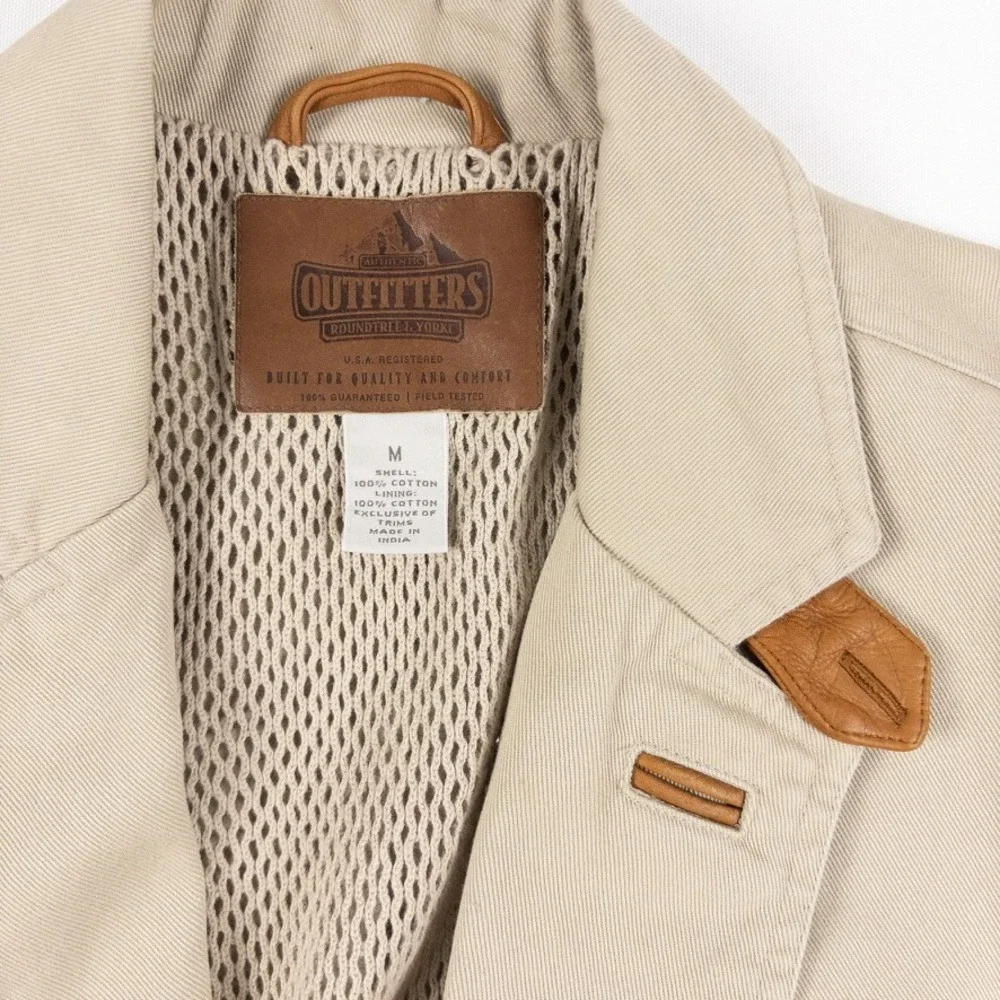 Roundtree Yorke Blazer Mens M Khaki Leather Elbow Patch Safari Sport Coat 90s